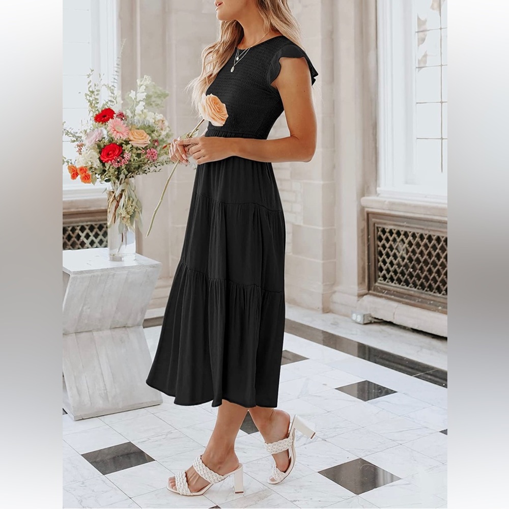 NWTCasual Flutter Short Sleeve Crew Neck Smocked Elastic Waist Tiered Midi Dress